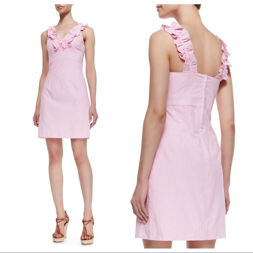 Lilly Pulitzer Phoebe Ruffle-Neck Pink Seersucker Sheath Dress (Size 0)